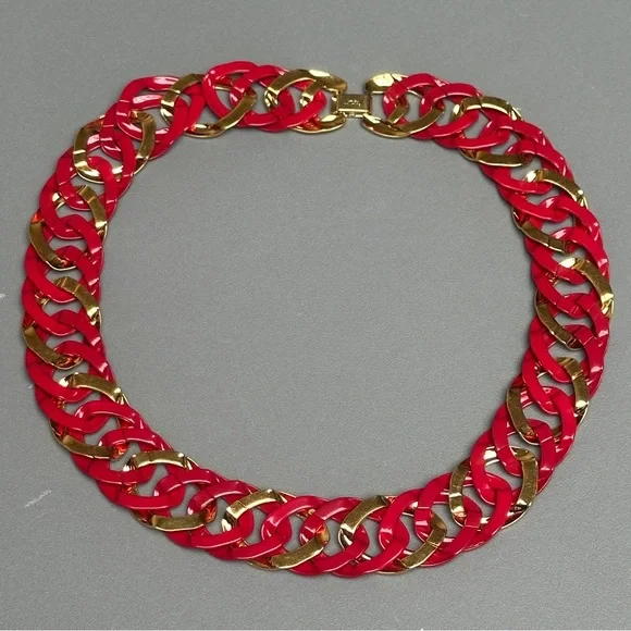 Vintage Napier Chunky Chain Link Statement Necklace Red Gold Tone - Picture 6 of 8
